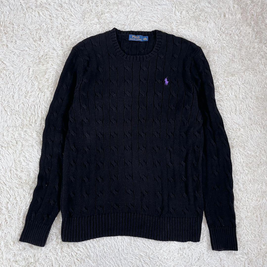 【美品】ポロラルフローレン　ケーブルニット　ポニーロゴ刺繍 黒　綿100%　XL