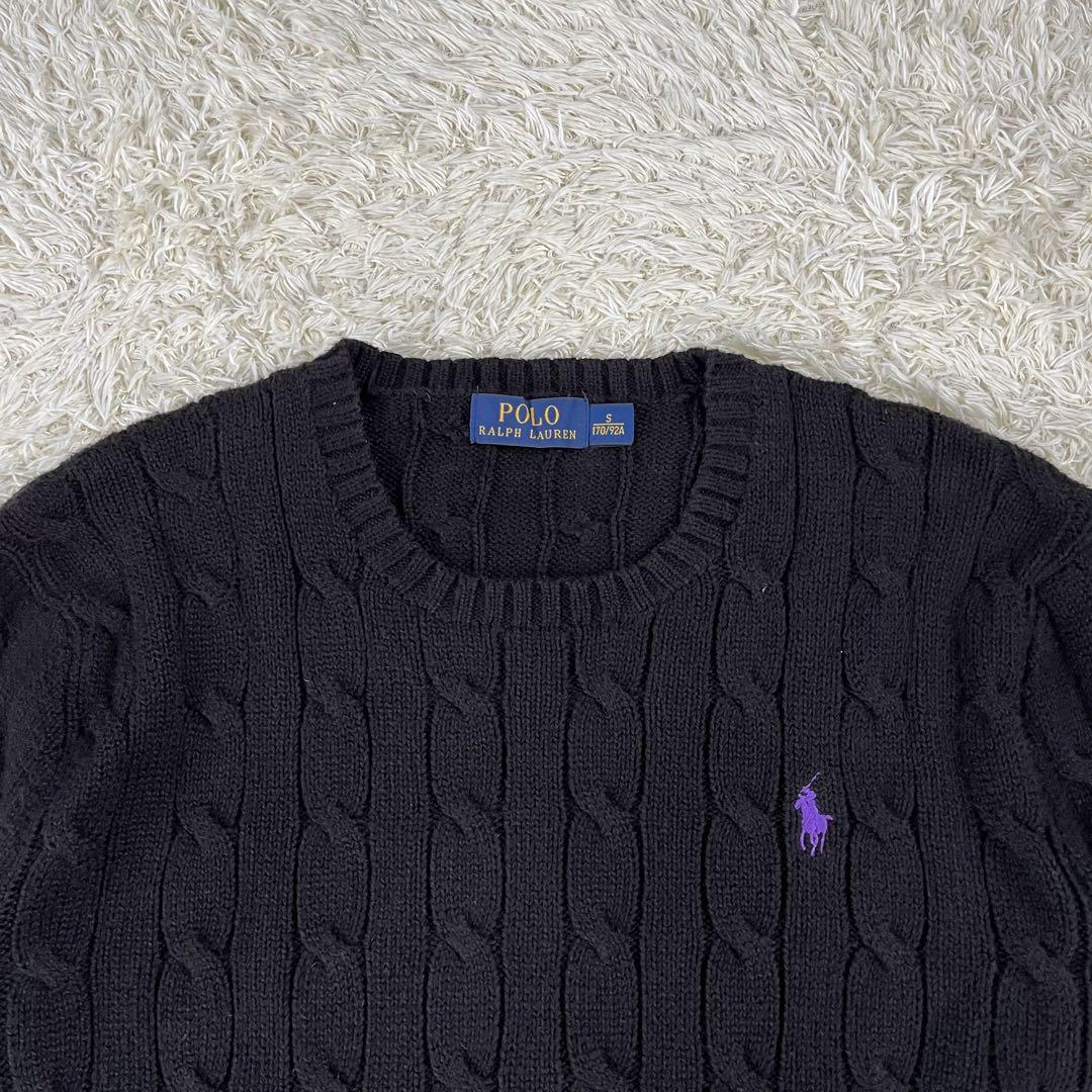 【美品】ポロラルフローレン　ケーブルニット　ポニーロゴ刺繍 黒　綿100%　XL