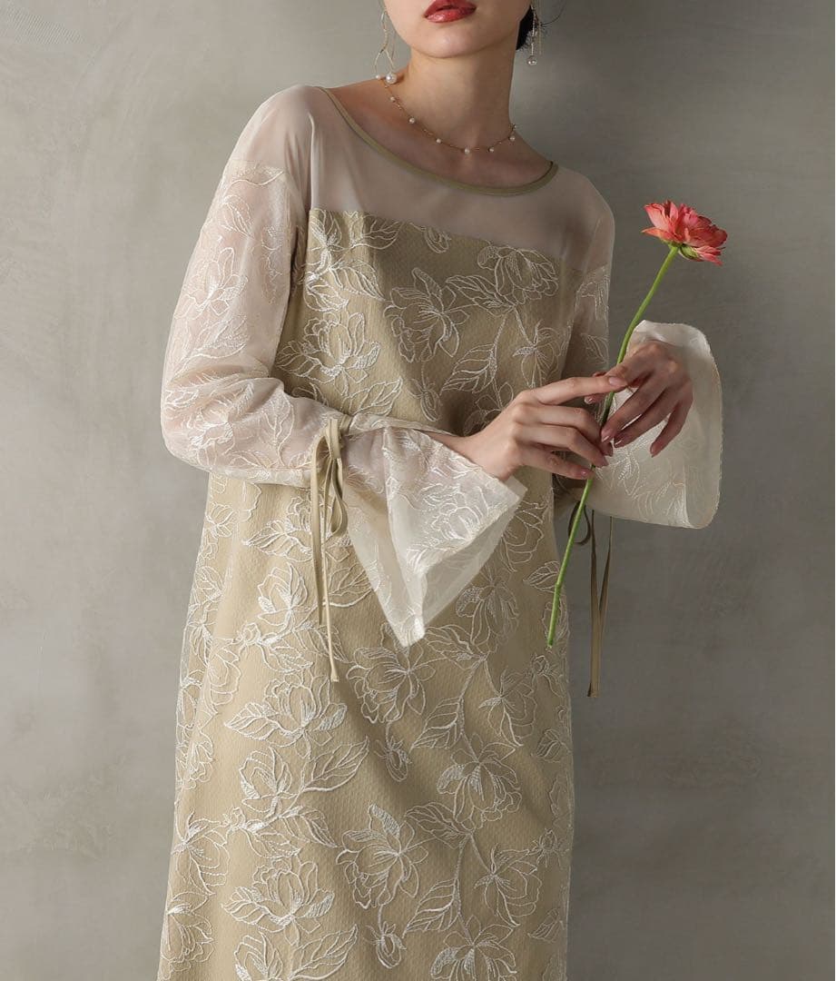 オケージョン Kana フラワー刺繍 袖リボンドレスS kana