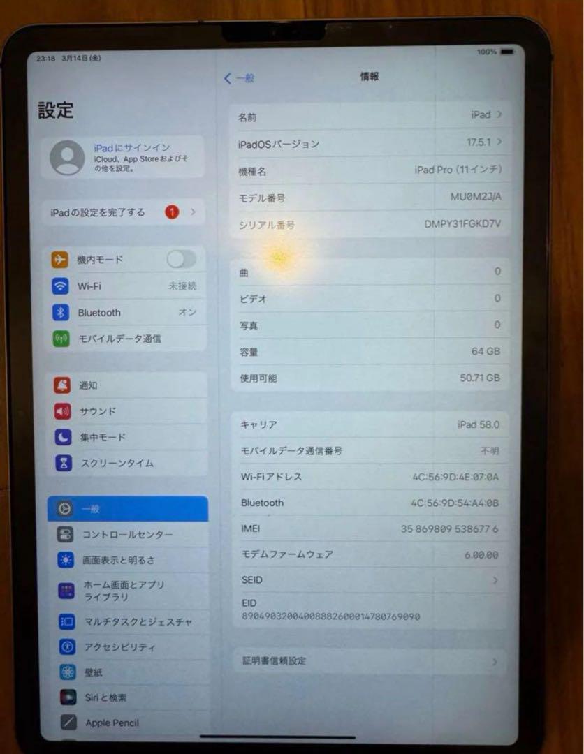 iPad Pro11インチ　（使えるけど画面に縦線と横線はいる）