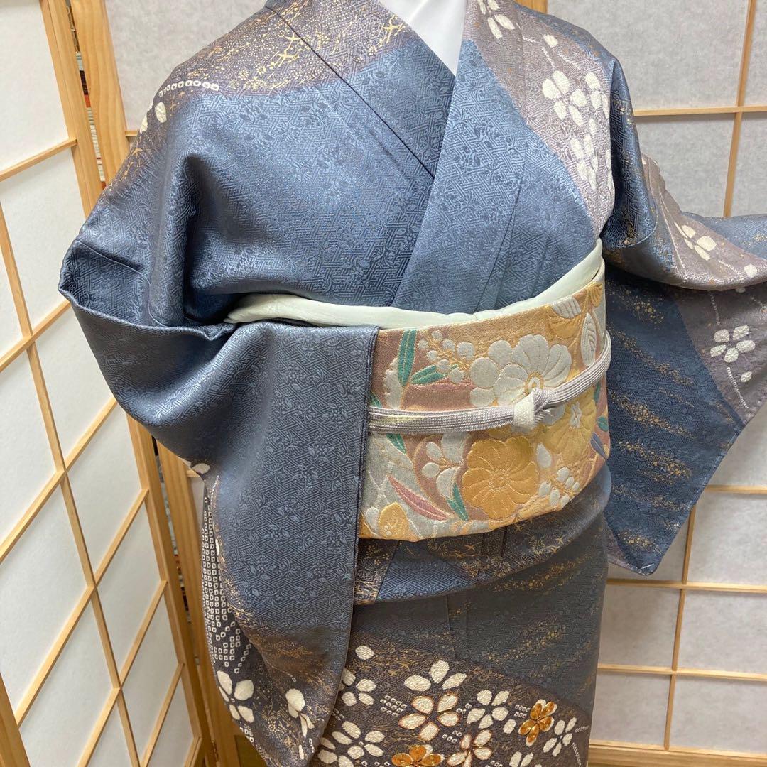 ［1207］訪問着 美品 枝垂れ花 絞り 駒刺繍 金彩 正絹 着物 袷
