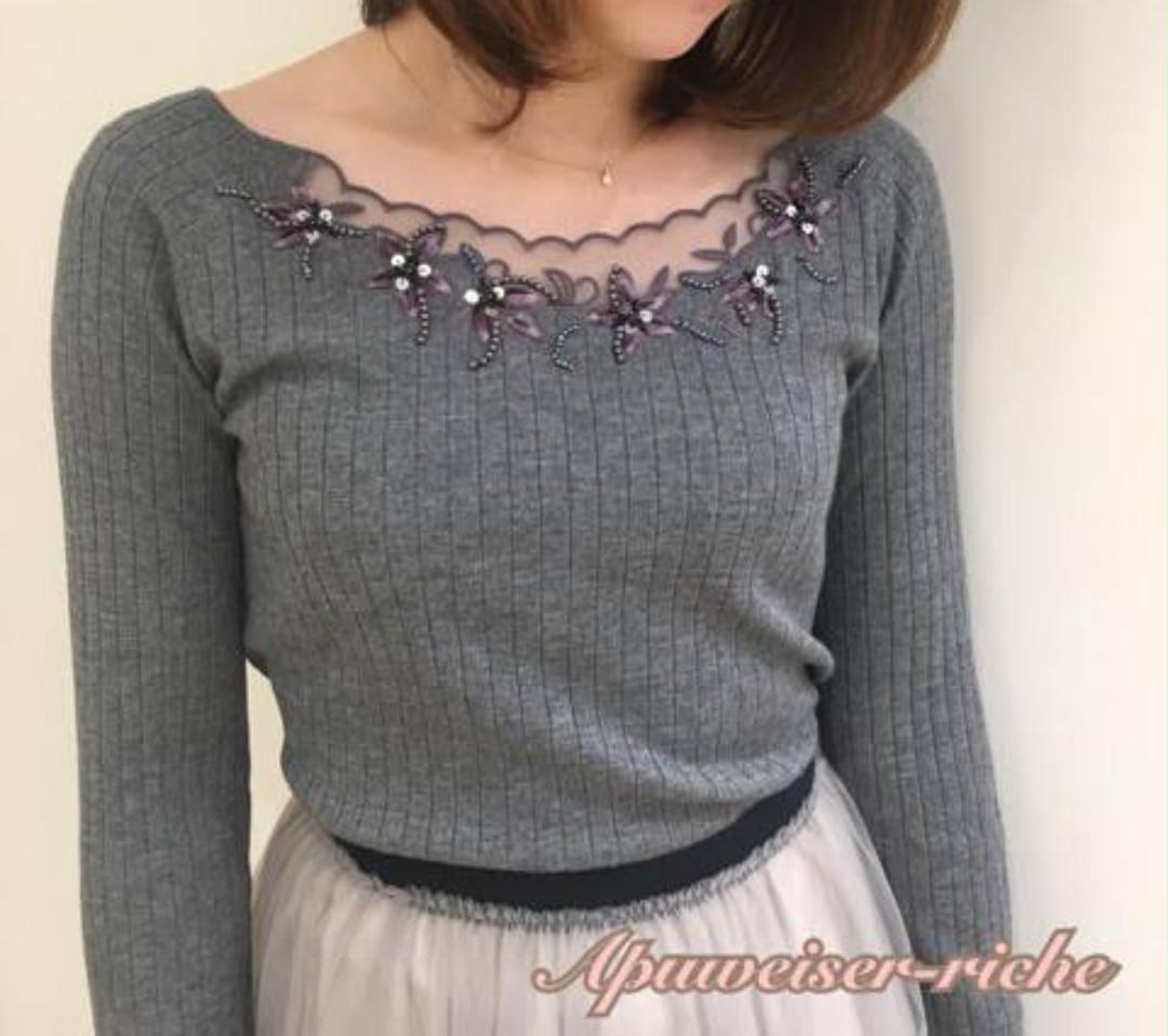 ュストーリ Apuweiser-riche シアーデコルテモール刺繍ニット DCHtb-m72804576761 Ⅾください