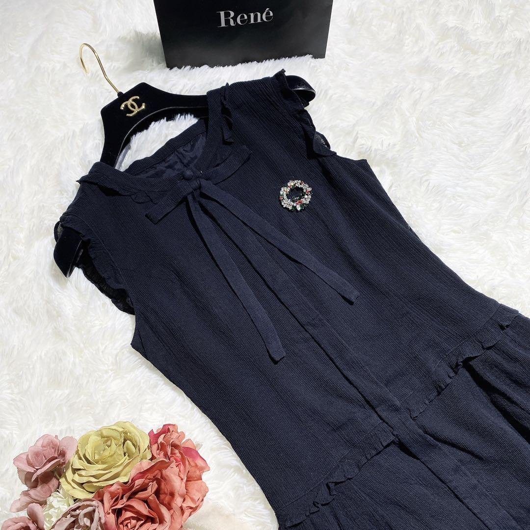 【美品】Rene ボウタイリボン付き 膝丈ワンピース ダークネイビー 34 S