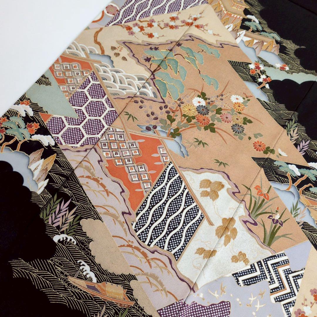 黒留袖 金駒刺繍 金彩 裄65 比翼付き 七宝 素敵なデザイン 着物T-8046