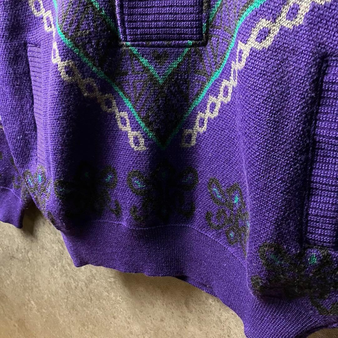 ニット セーター 紫 総柄 ハーフボタン オープンカラーL・VINTAGE MEDICALDB_JP