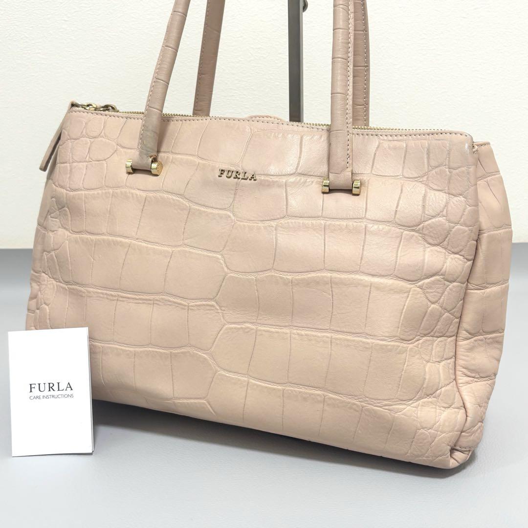フルラFURLA トートバッグ クロコ型押し 肩がけ可 ピンク - メルカリ