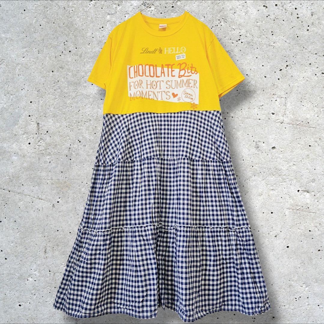 Tシャツロングワンピース【古着リメイク】フレアスカート　半袖　一点物　ドッキング