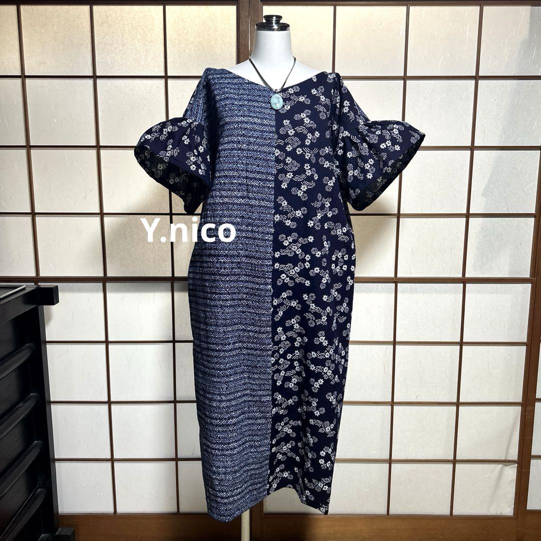LL 浴衣リメイク 新品反物男浴衣 フリル袖ゆったりワンピース