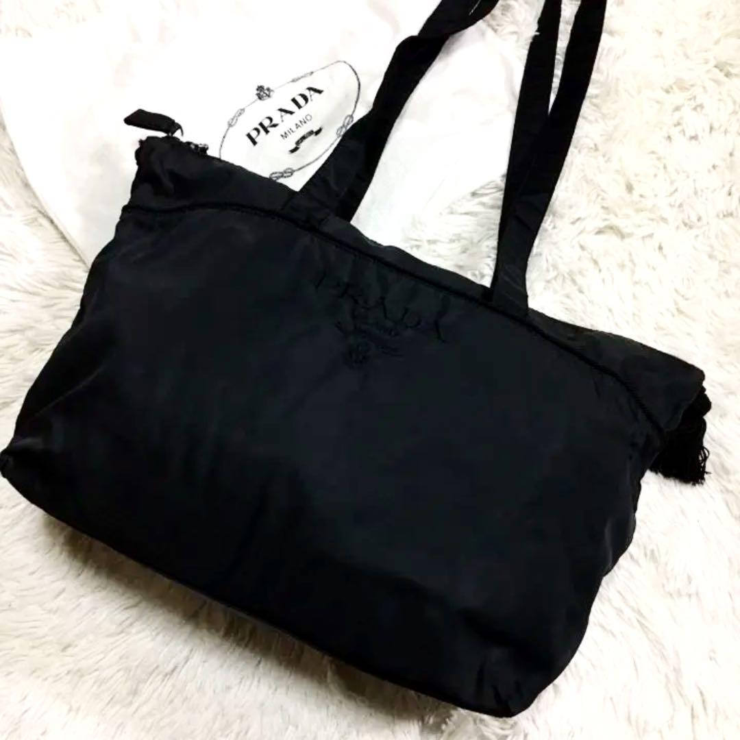 【おトク】 【極美品】プラダ ブラック 黒 三角ロゴ レザー テスートナイロン トートバッグ - トートバッグ