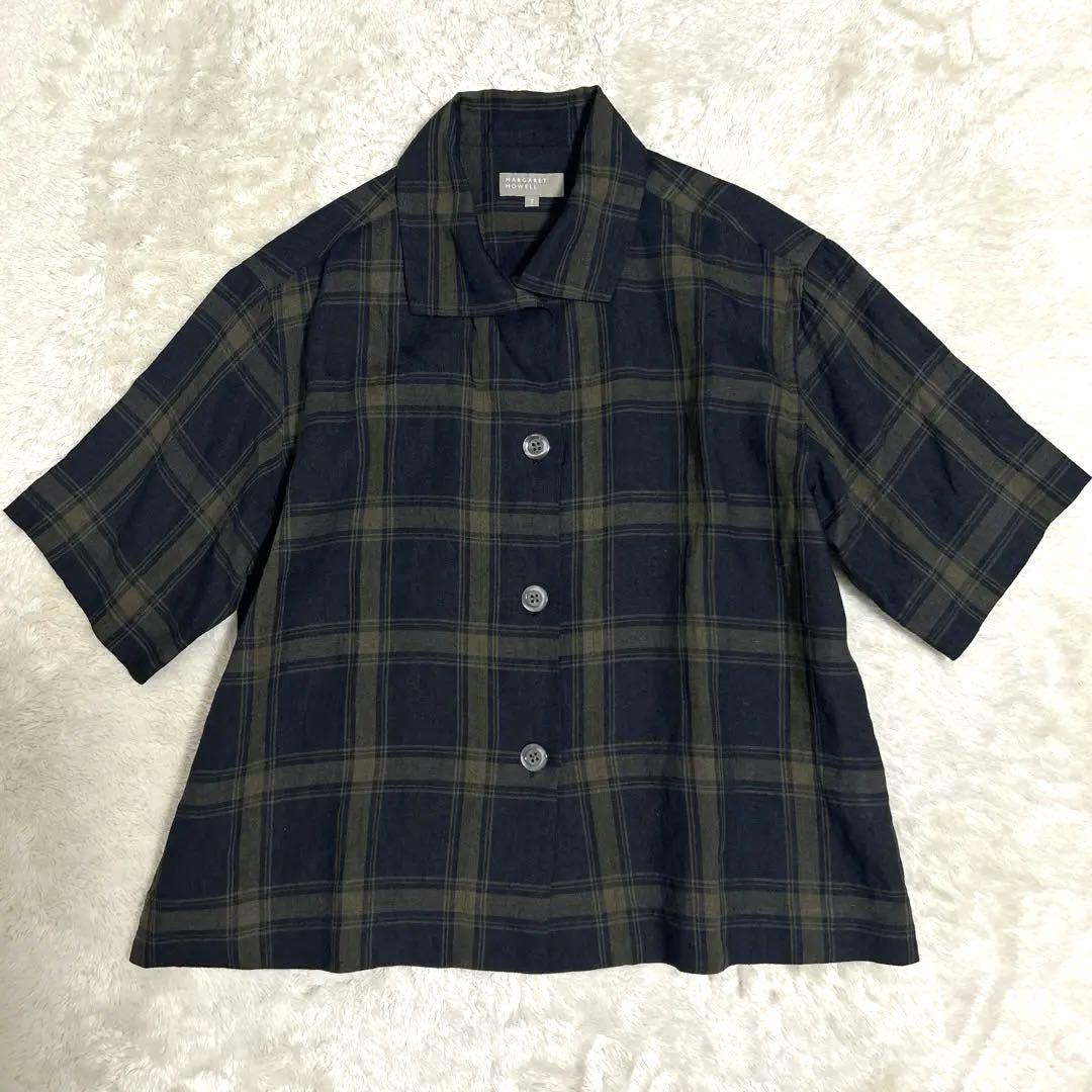 人気便利グッズ 極美品】マーガレットハウエル2022SS 2 半袖 リネンチェックシャツ トップス
