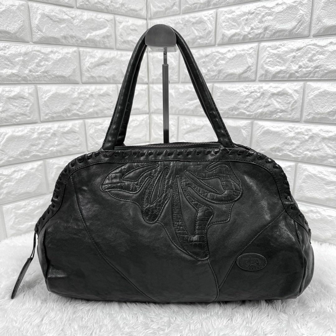 宅配 美品】イビザ 日本製 シボ加工本革 花柄パッチワーク型押し バッグ