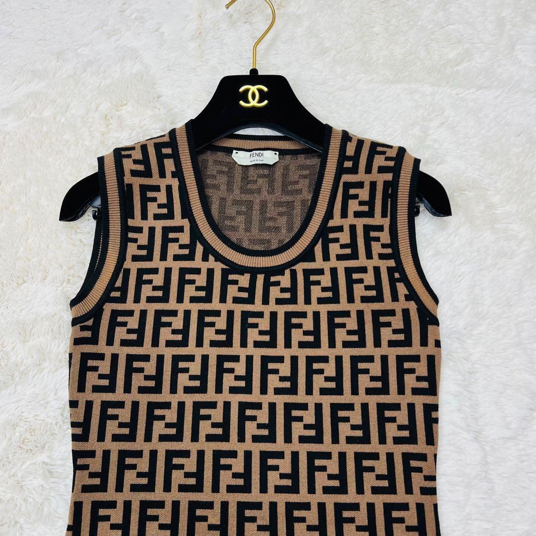 ⭐️現行⭐️フェンディ　19SS ニットワンピース　ズッカ柄　ブラウン　46 ⭐️現行⭐️フェンディ 19SS ニットワンピース ズッカ柄