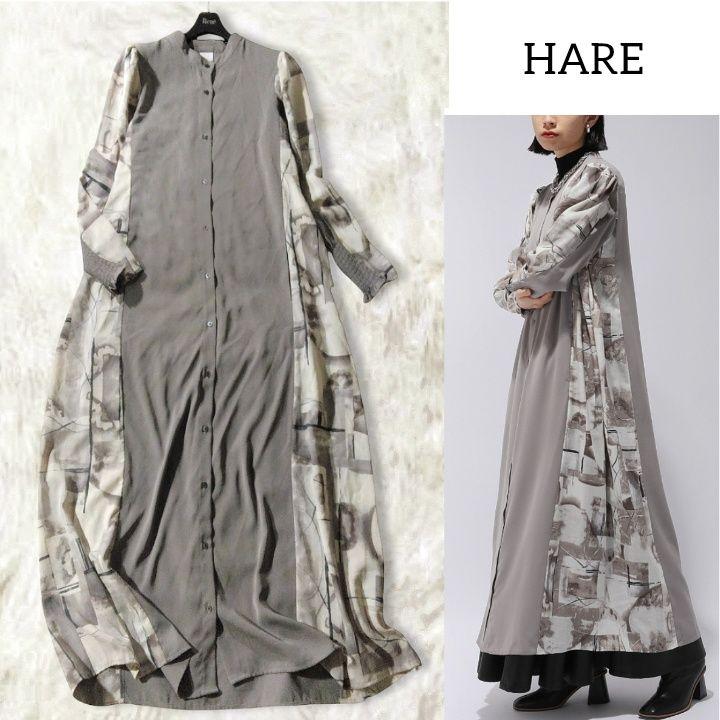 ハレ シャツワンピース ロングワンピース グレー 個性的 バンドカラー 総柄