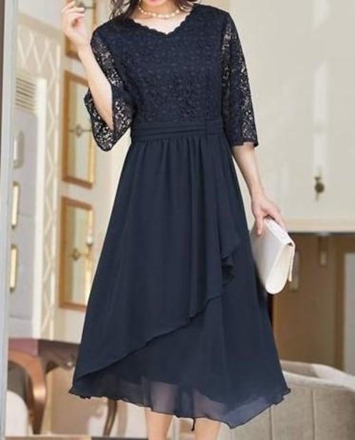 新品☆LL紺系♪レース上品アシメデザインワンピース♪結婚式☆b428