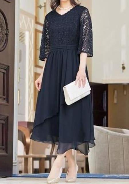 新品☆LL紺系♪レース上品アシメデザインワンピース♪結婚式☆b428