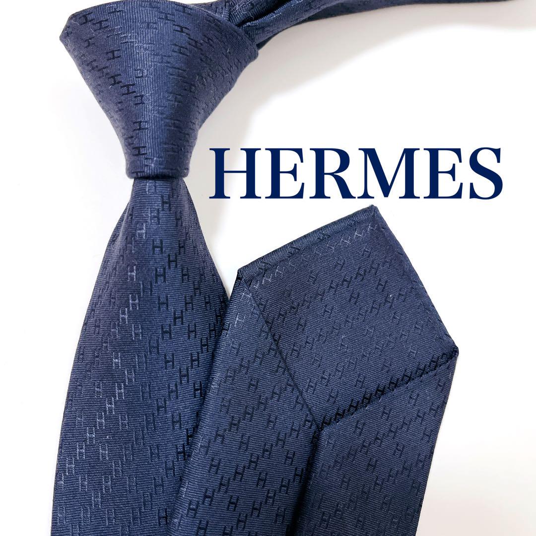 美品 エルメス ネクタイ ハイブランド H柄 ファソネ 光沢 ジャガード 希少
