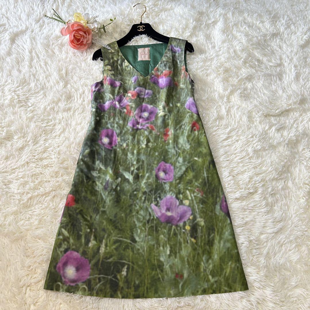シビラ ワンピース ノースリーブ Vネック 花柄 総柄 グリーン