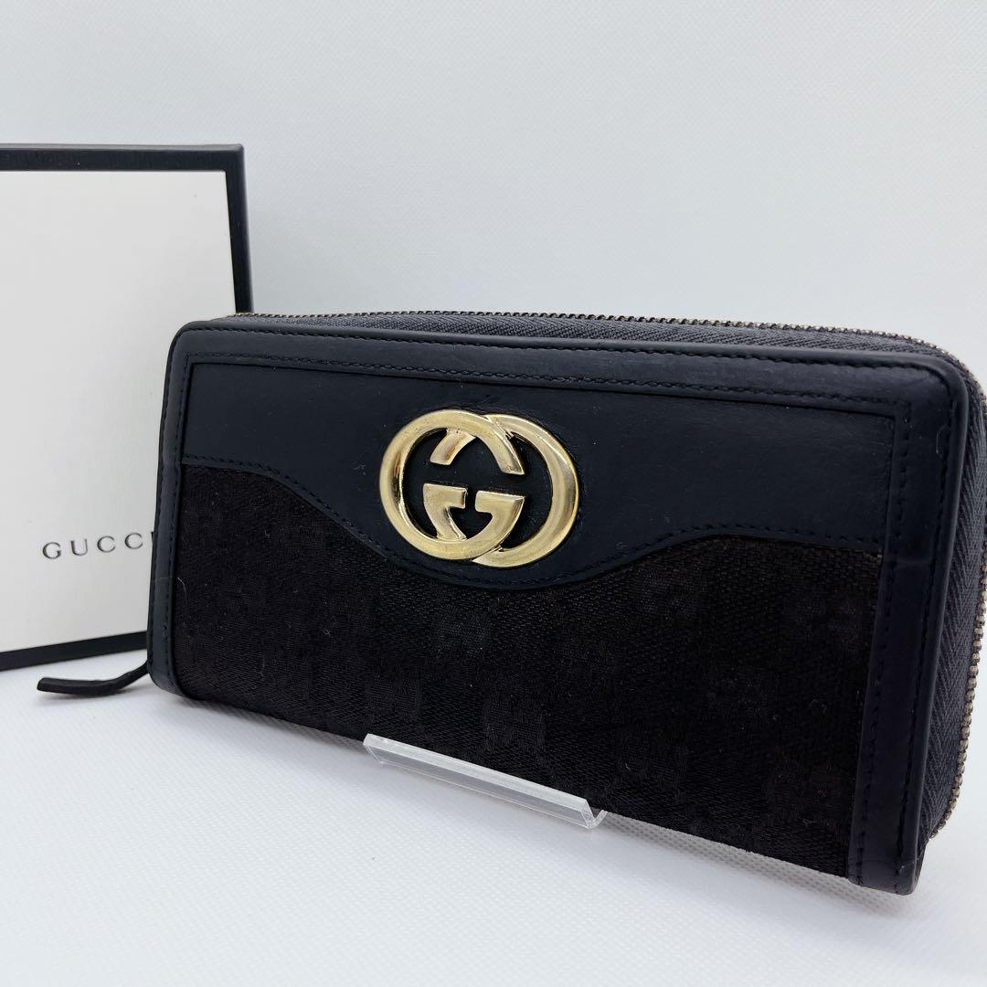 【極美品】グッチ　インターロッキング　ラウンド　長財布　GGキャンバス　ブラック