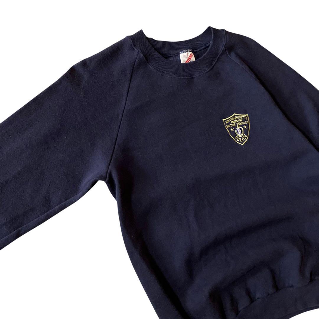 USA製80s JERZEESワンポイント刺繍ロゴスウェット警察ロゴラグラン紺