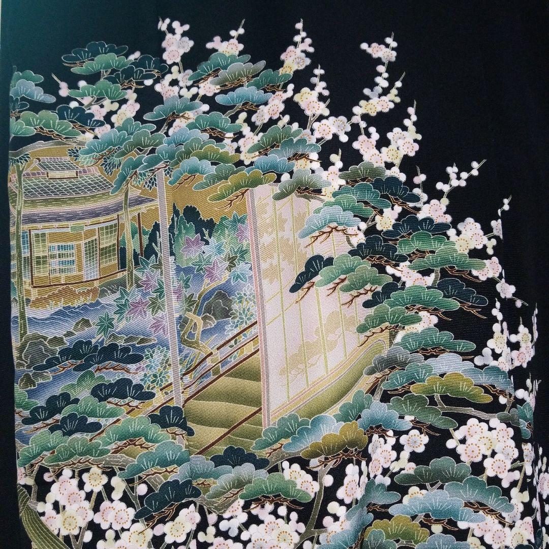 着物リメイク黒留袖松竹梅椿桔梗菊風景画ワンピース絹ばら