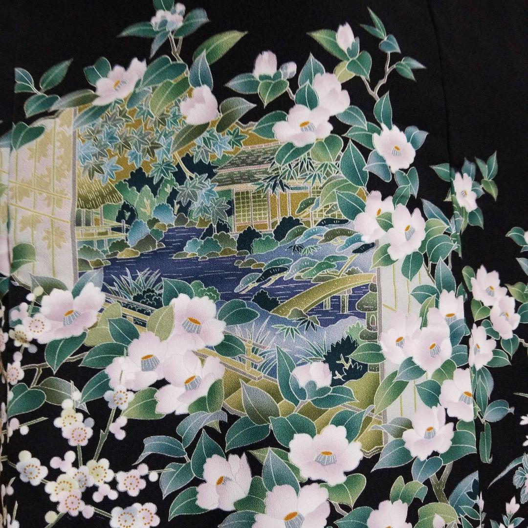 着物リメイク黒留袖松竹梅椿桔梗菊風景画ワンピース絹ばら