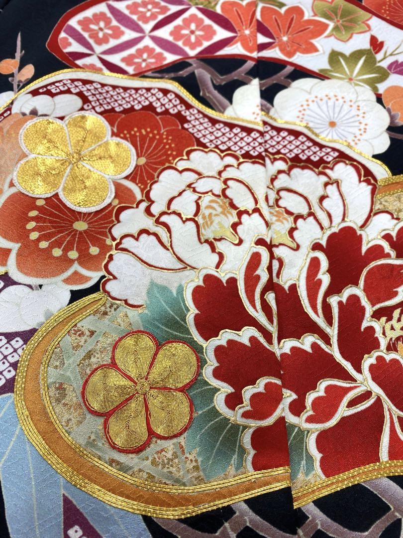 振袖 仮絵羽 刺繍 金駒 金彩 紋意匠 百合 桜 正絹 未仕立て品 八