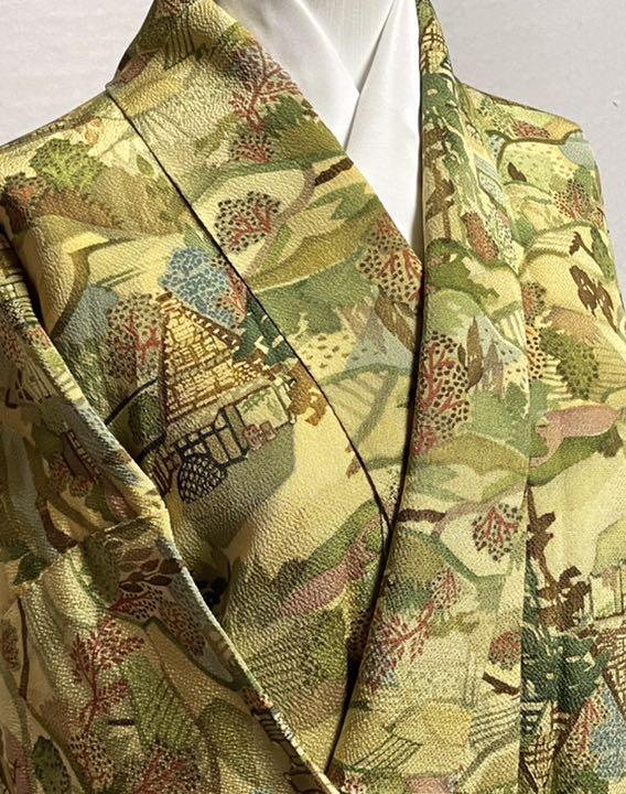 未使用品 和服 単衣 正絹(ちりめん一越) 自然風景画 小紋