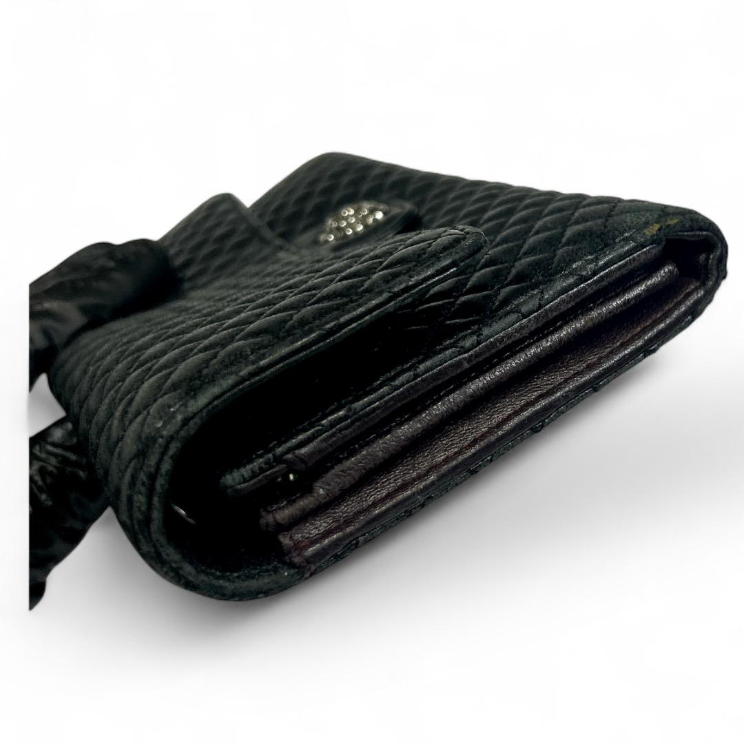 美品 CHANEL キルティング長財布 カメリア 黒×ボルドー