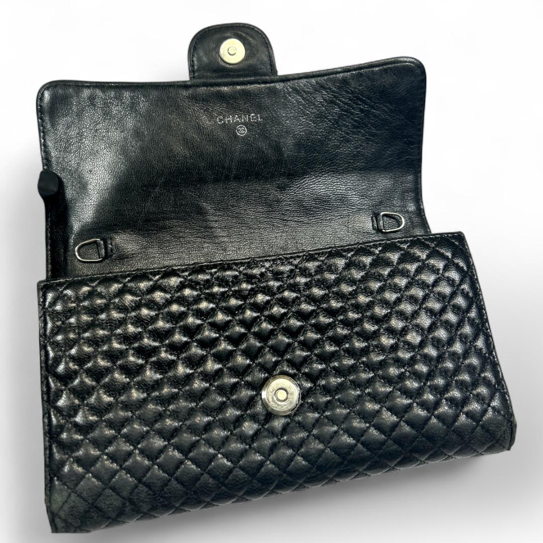 美品 CHANEL キルティング長財布 カメリア 黒×ボルドー