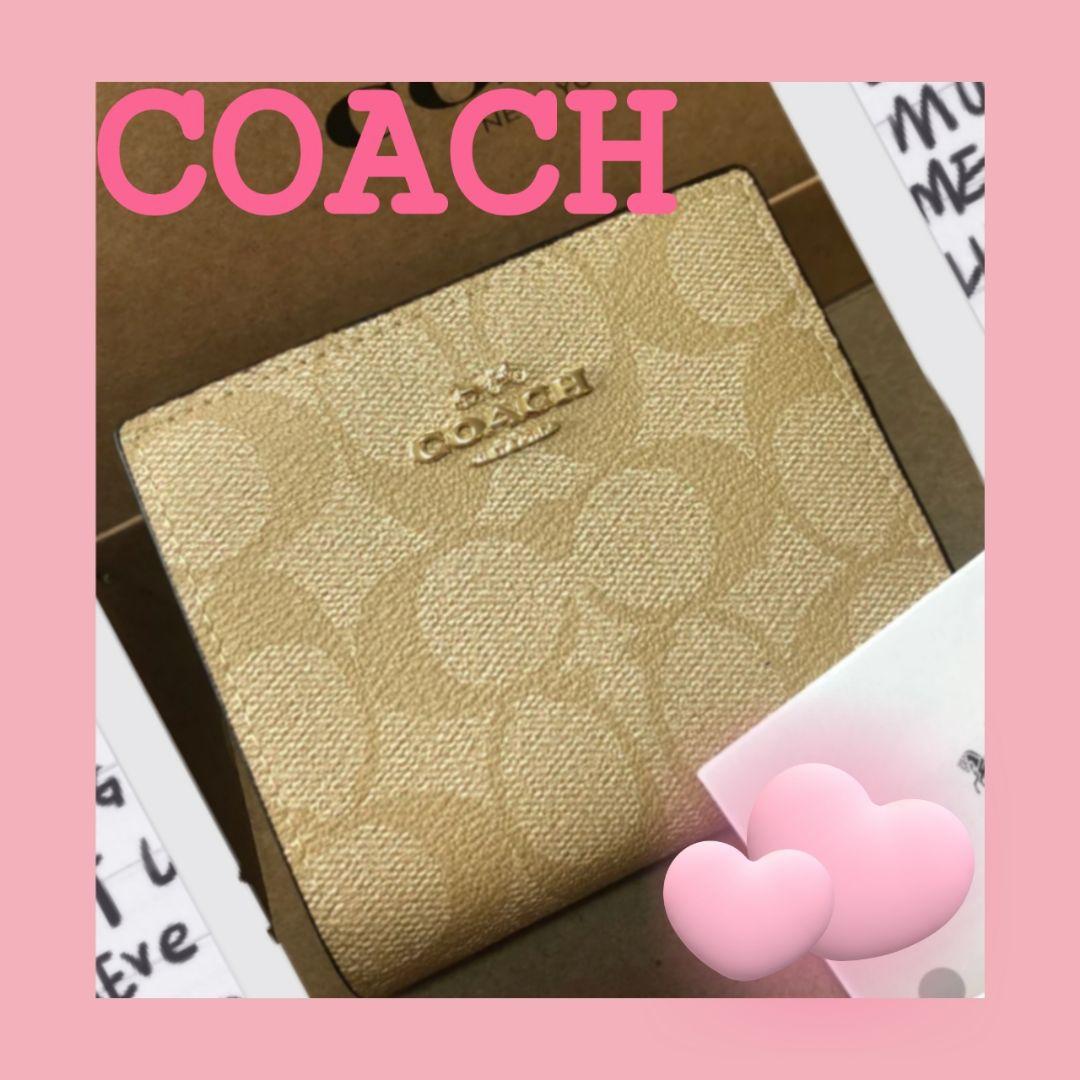 コーチCOACH 二つ折り財布 コンパクト ライトカーキ ピンク C3309