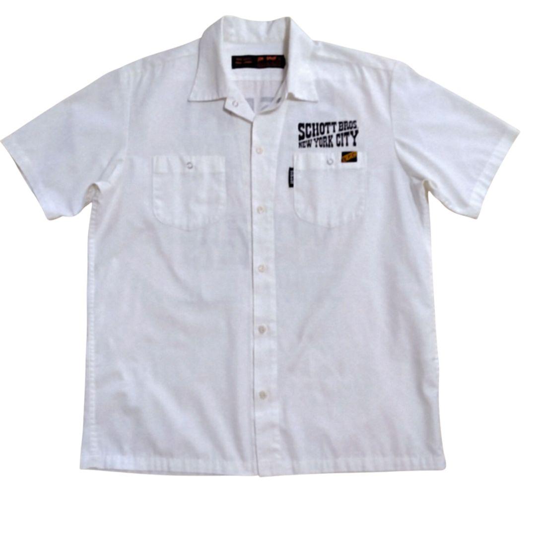SCHOTT 　ショット　ワークシャツ 　半袖シャツ ベージュ 　ほぼ未使用品 Schott N.Y.C ショット ワーク シャツ 半袖 チェーン 刺繍