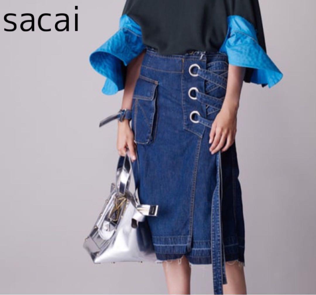 sacai デニムスカート レースアップ カットオフ ミモレ丈