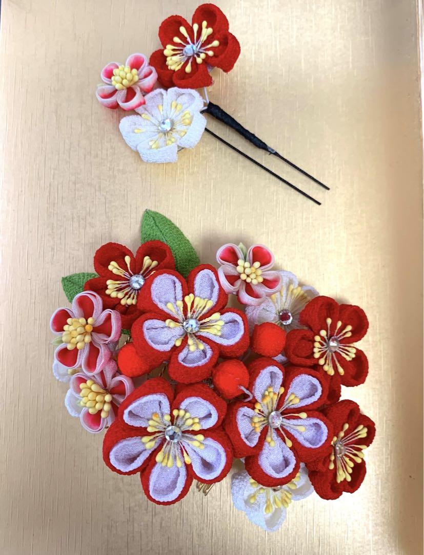【2点セット】つまみ細工の紅白花飾り　髪飾り かんざし　成人式　卒業式　七五三
