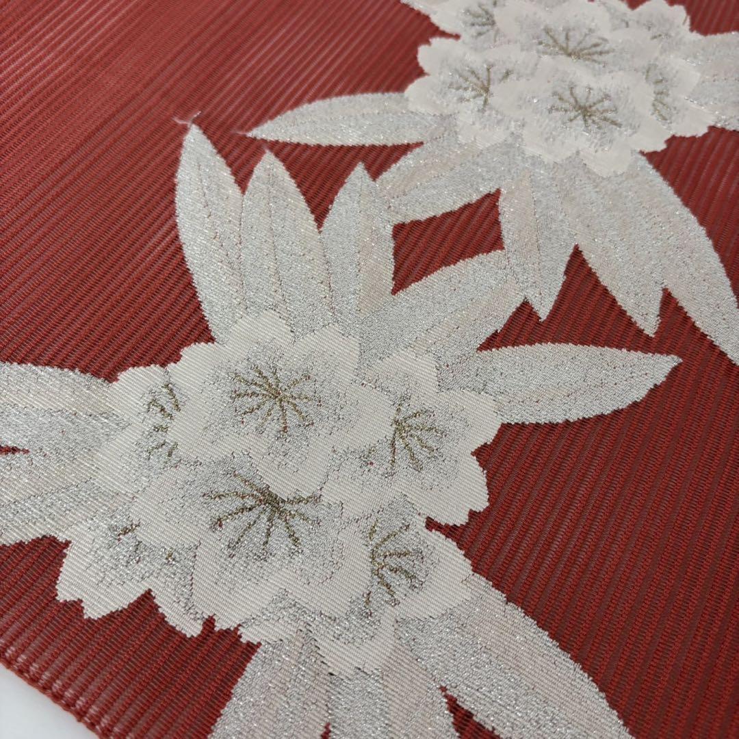 夏帯 名古屋帯 絽 大柄花模様 鮮やかなオレンジ 九寸 正絹 着物