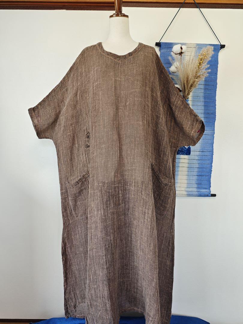 アンティーク調 手刺繍 ロングワンピース リネン 半袖 オーバーサイズ 画像1