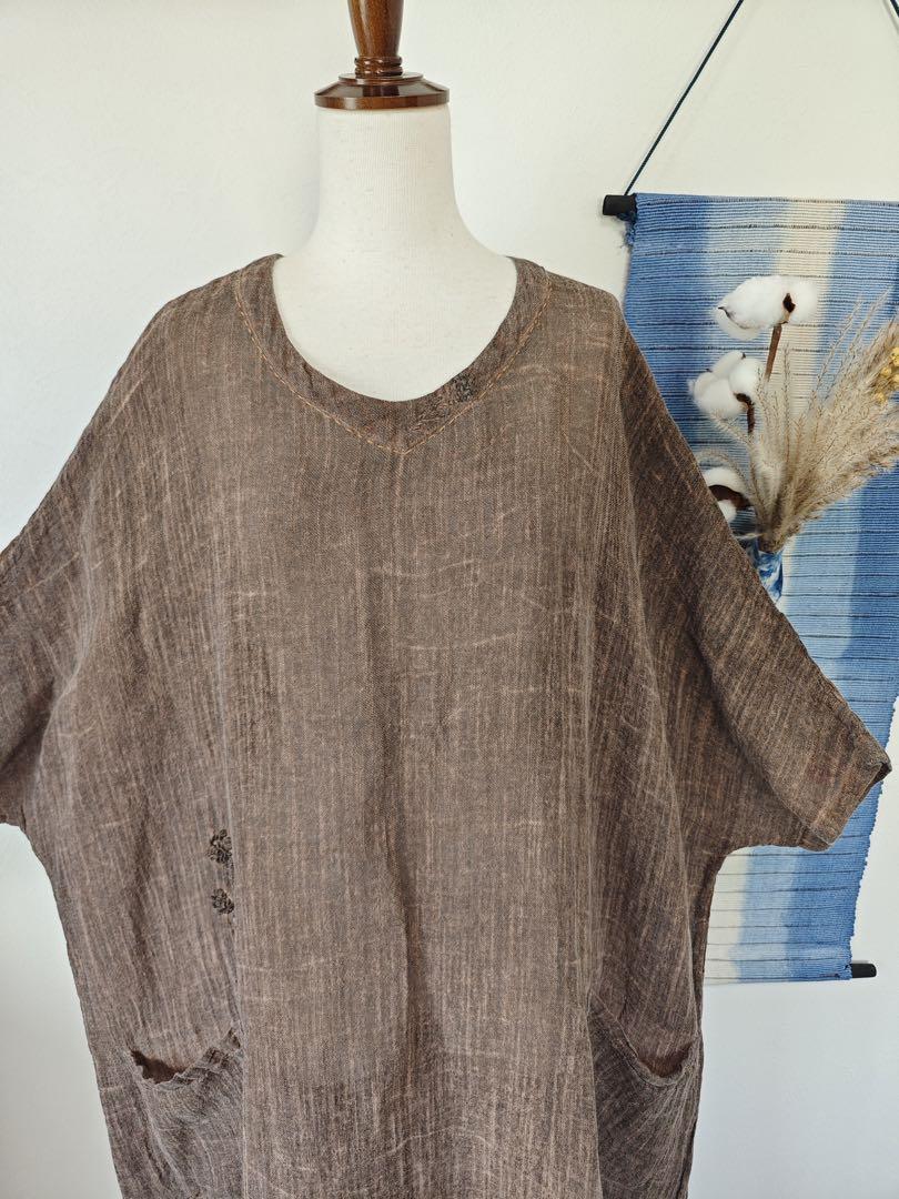 アンティーク調 手刺繍 ロングワンピース リネン 半袖 オーバーサイズ 画像4