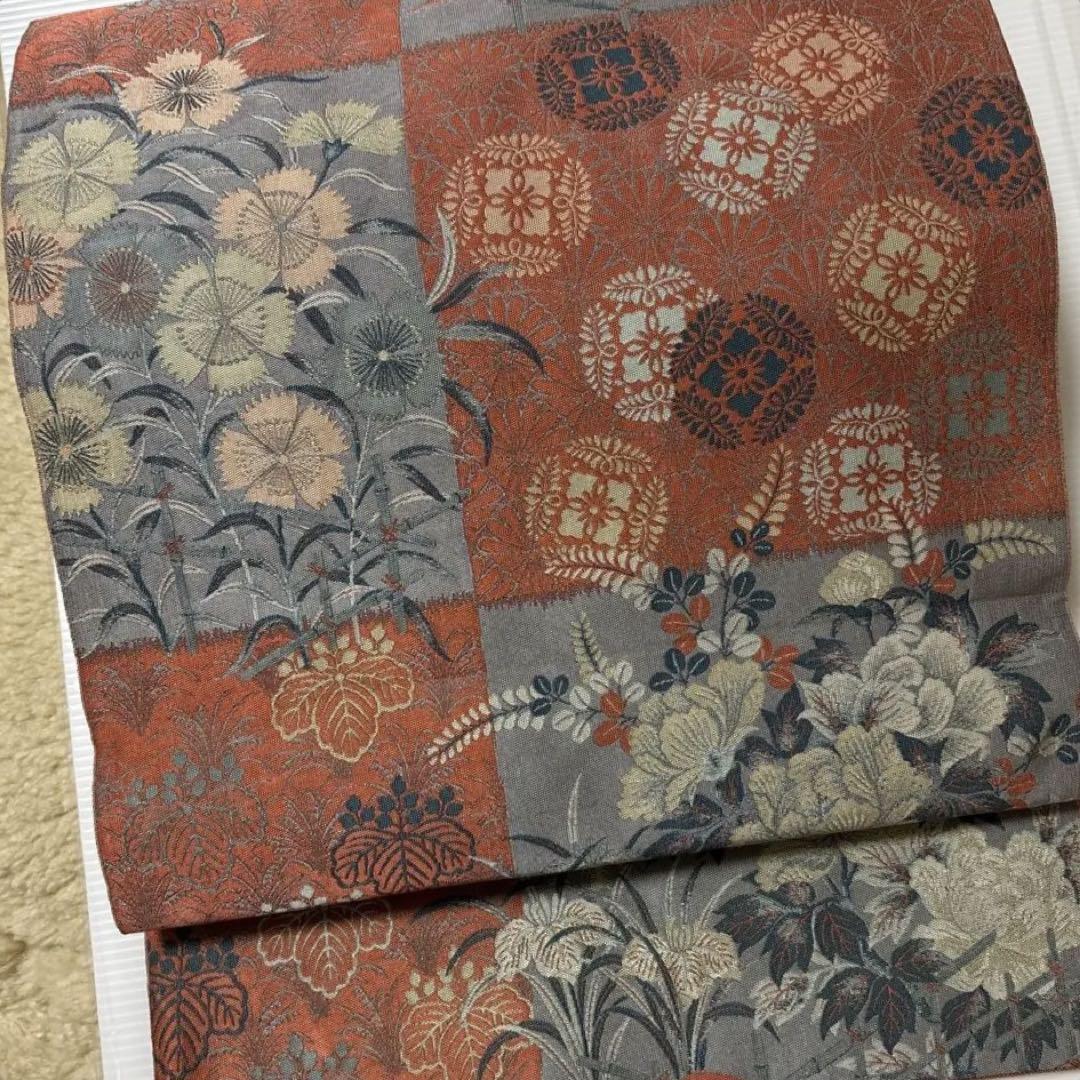 鬼紬の市松模様正絹袋帯全通