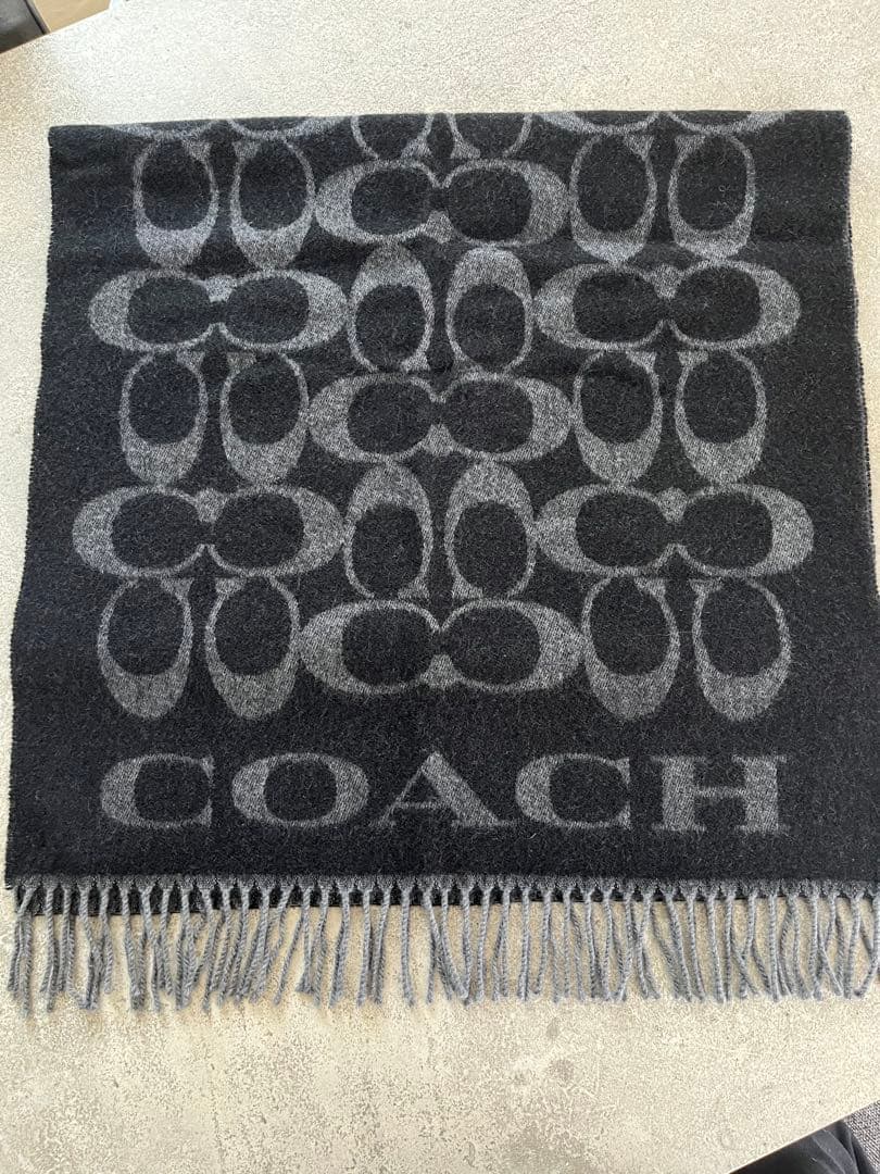 COACH マフラー シグネチャー柄 ブラック グレー 保存袋付き