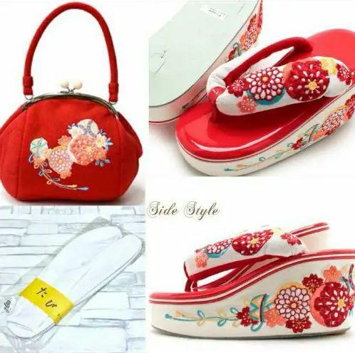新品  厚底ヒール草履＆バッグ＆足袋 くす玉 華刺繍  振袖 袴姿 赤系