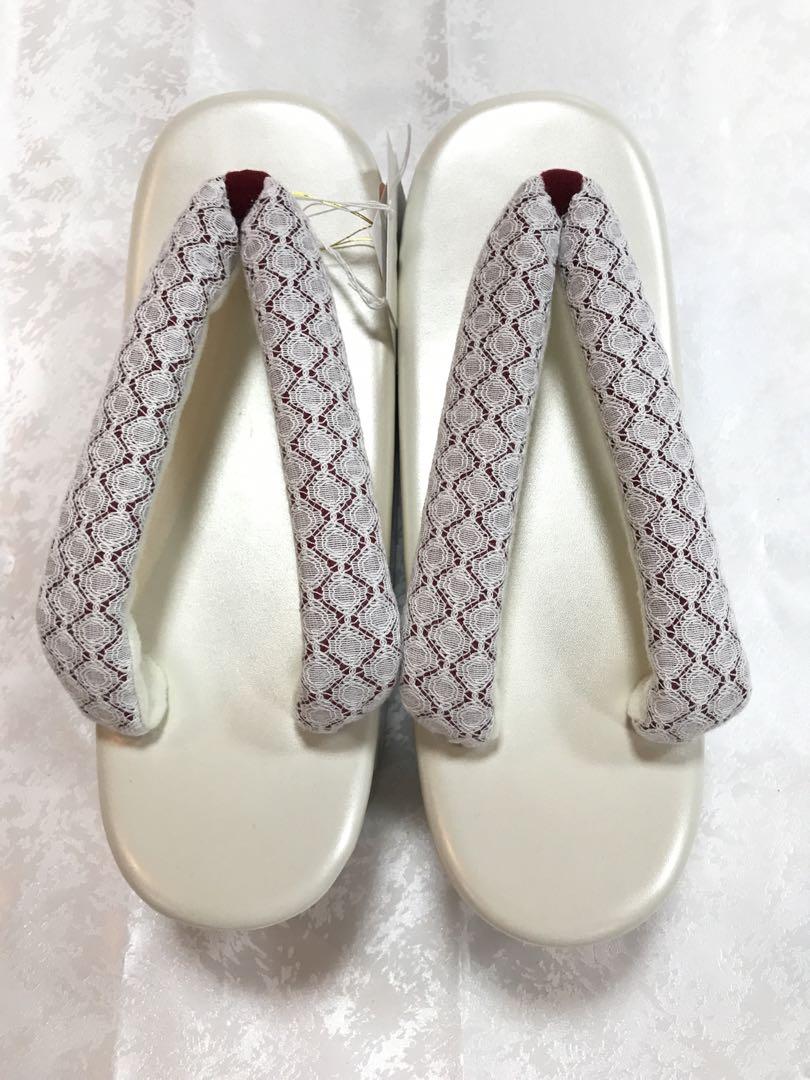厚底　草履　オフホワイト×エンジ×レース×チェック