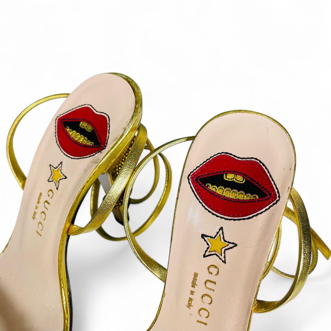 GUCCI スネークヒール　リップロゴ　レースアップ　ゴールド　35