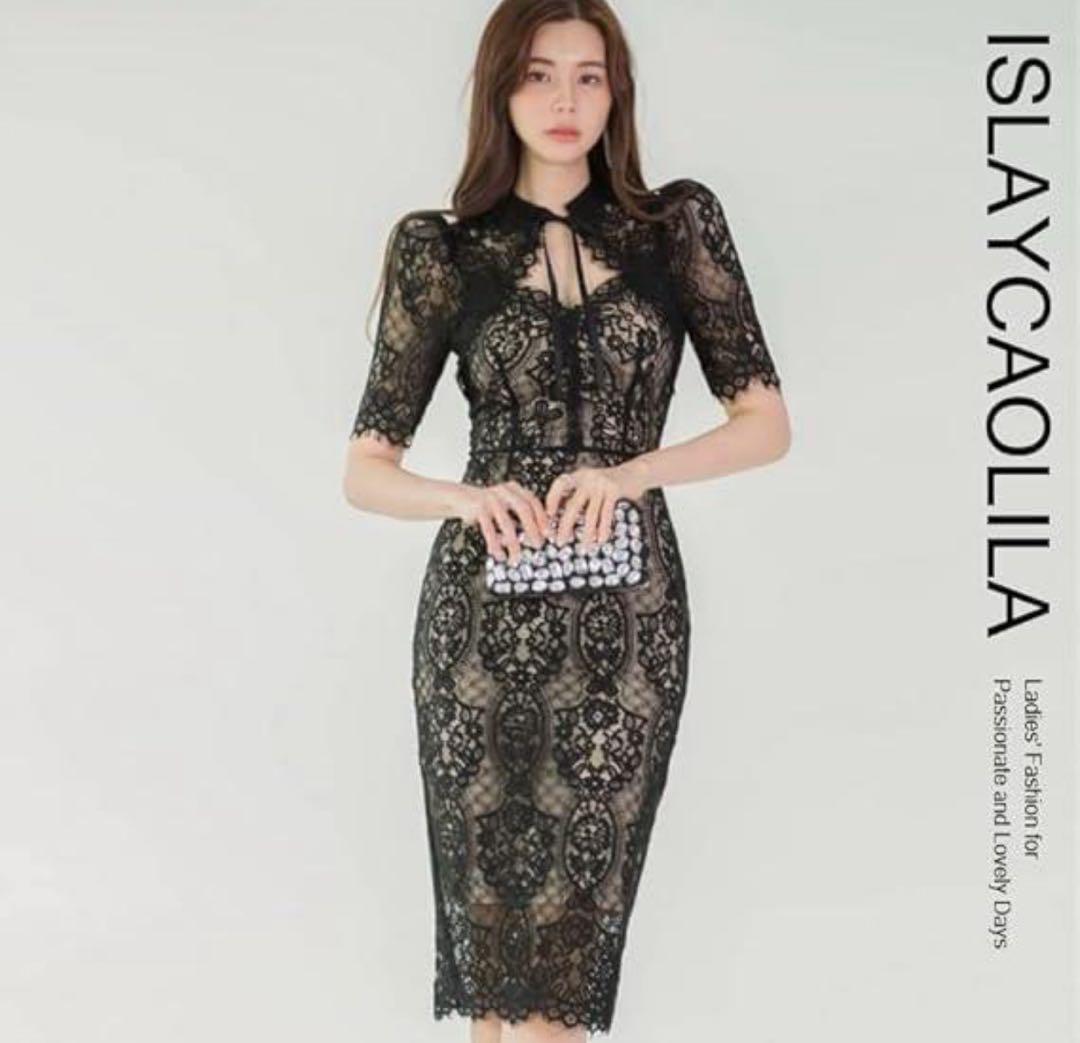 品質が ② スリット付き 半袖 Sサイズ レースドレス 黒 ISLAYCAOLILA スーツ・フォーマル・ドレス