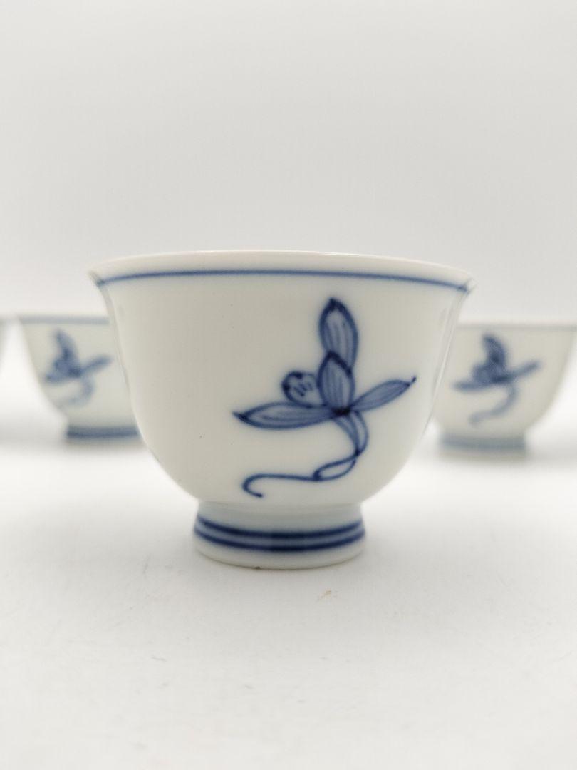 a948 煎茶茶碗 5客セット 青ラン絵 山幸作 染付　古物 茶道具