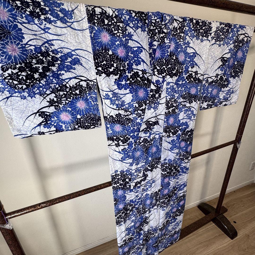 超美品　綿　コーマ地　本染浴衣　浴衣 着物　夏物　153.5cm 紺　青　白