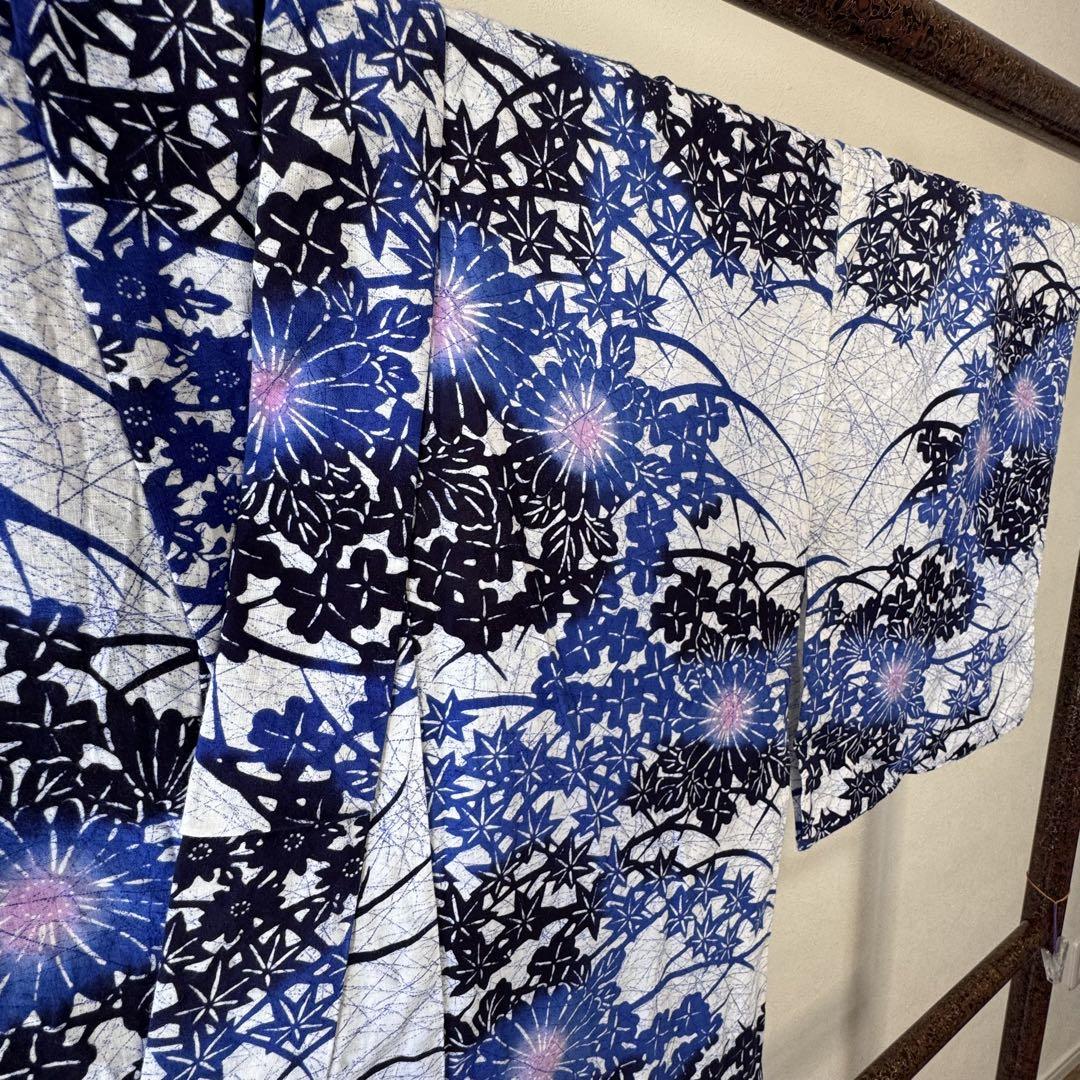 超美品　綿　コーマ地　本染浴衣　浴衣 着物　夏物　153.5cm 紺　青　白