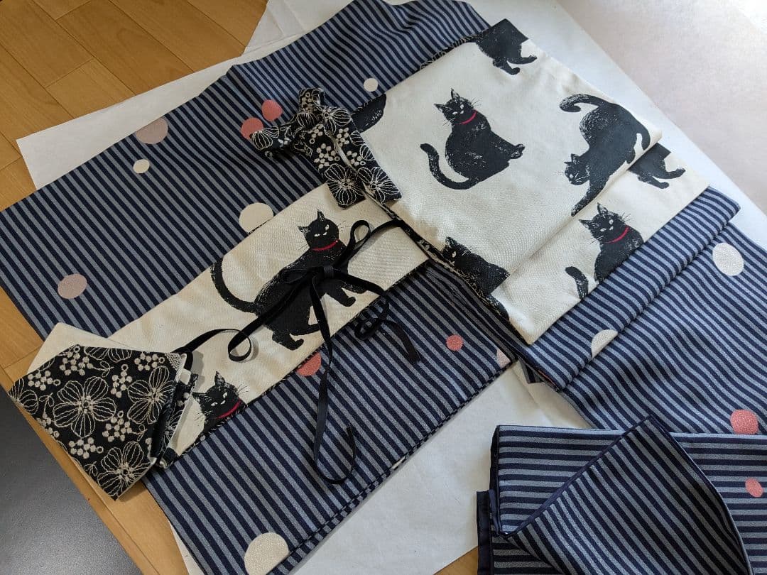 黒猫とアネモネ総刺繍 おたいこ 帯 サッシュベルト 3点セット