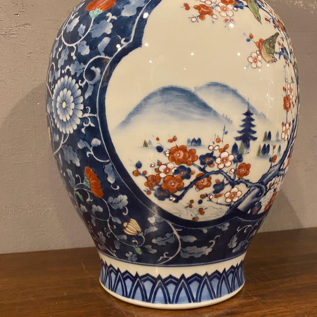 有田焼 池田視行作 二方割 花鳥文 大壺 36cm 骨董品 染錦　コレクション 有田焼 池田視行作 二方割 花鳥文 大壺 36cm 骨董品 染錦