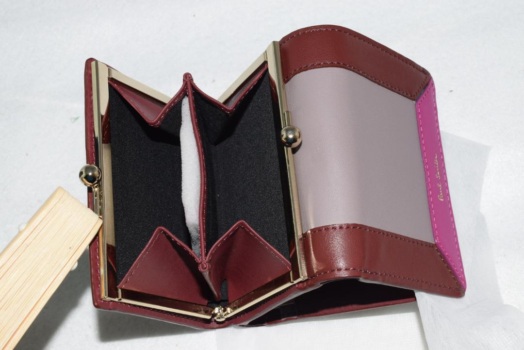 新品☆Paul Smith ハイライトステッチ 3つ折り財布 牛革 ☆赤＆桃