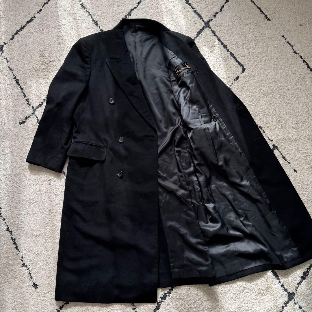 上カシミヤ混 ダブルチェスターコート マキシ丈 ブラック XXL相当2XL 3L VINTAGE