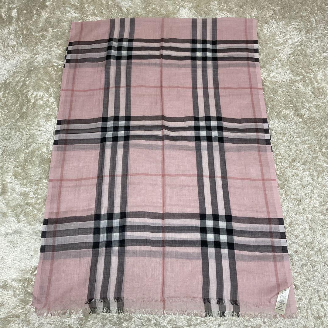 新品保管品✨バーバリー　超大判ストール　ノバチェック　通年ウール　薄手ピンク現行